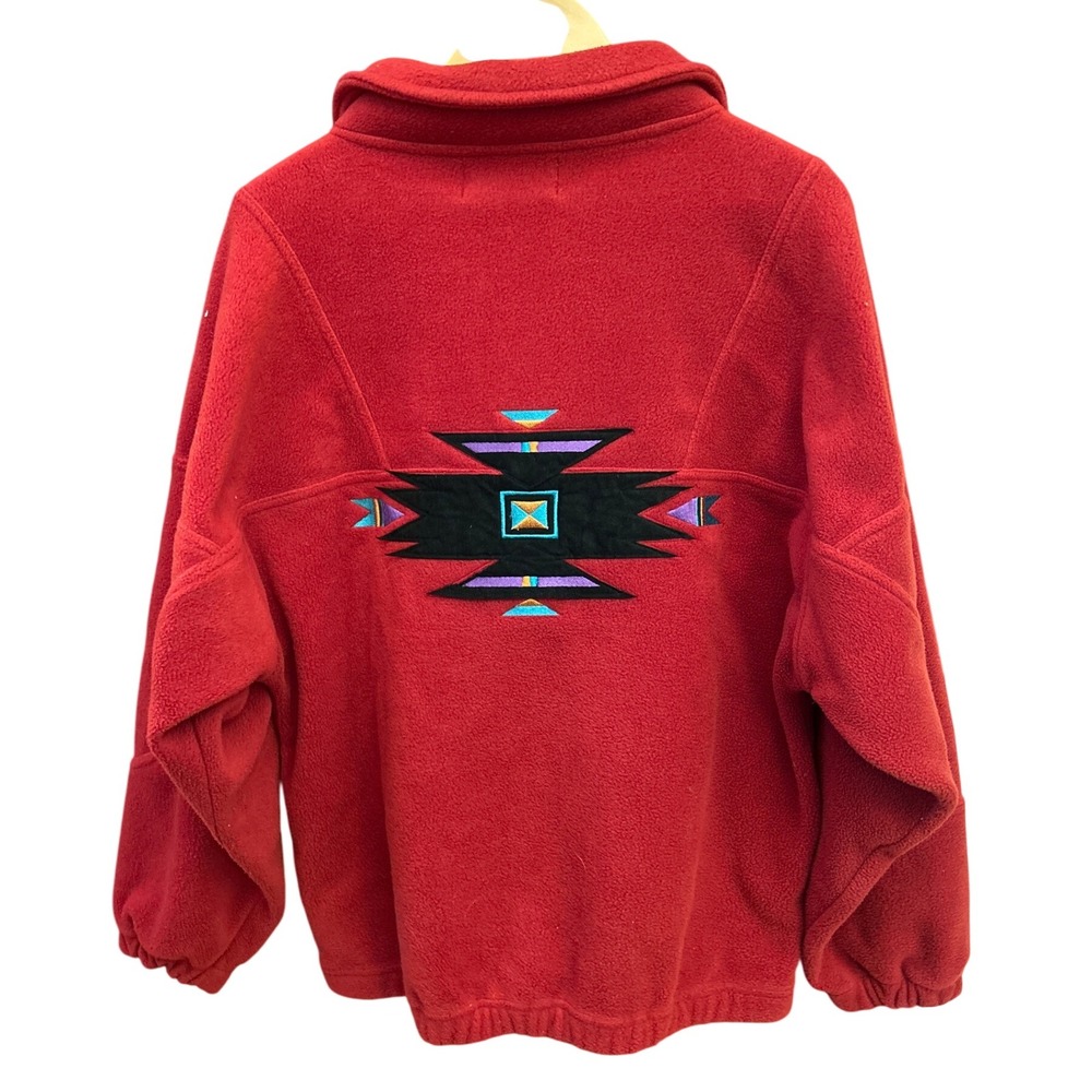 Vintage 90s SDI Red Fleece Jacket Southwest Aztec Geometric Made Taiwan Pullover